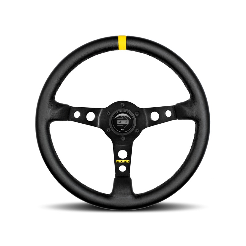 MOMO Race Mod .07 Steering Wheel - 350MM - Black Leather / Brushed Black Anodized / Single Yellow Stripe