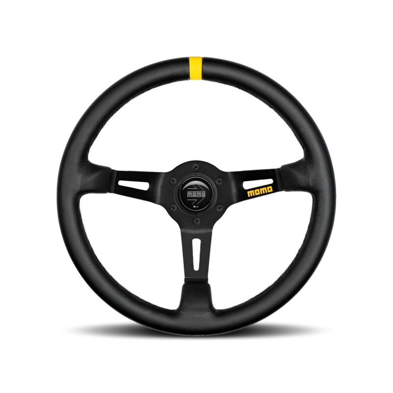 MOMO Race Mod .08 Steering Wheel - 350MM - Black Leather / Brushed Black Anodized / Single Yellow Stripe