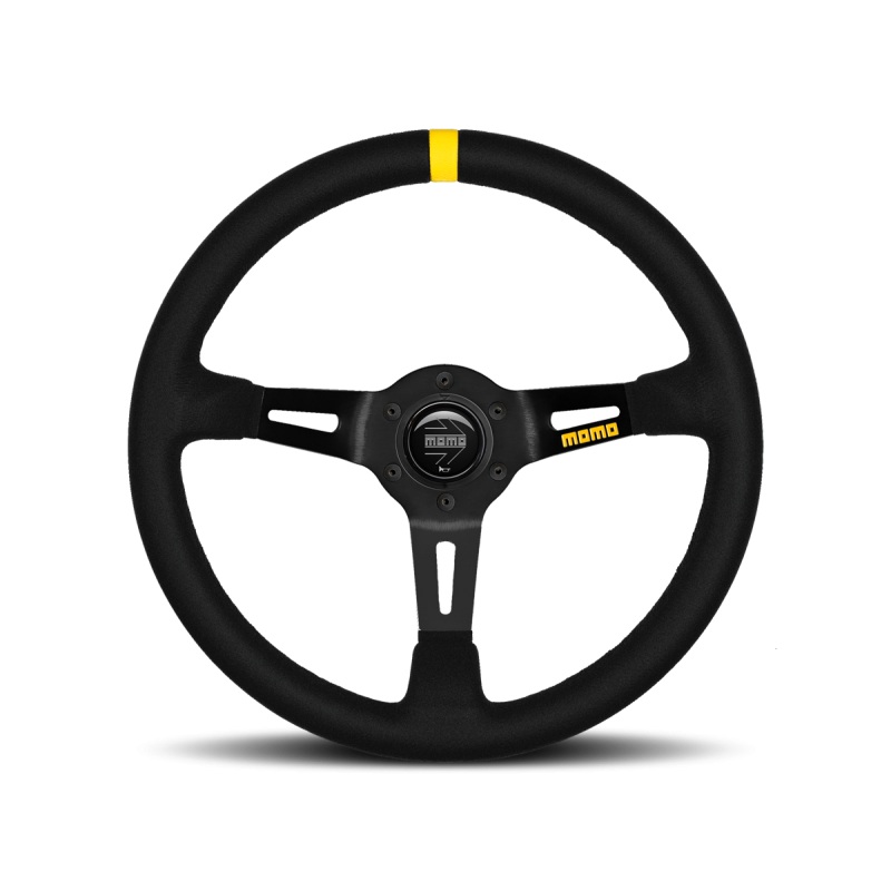 MOMO Race Mod .08 Steering Wheel - 350MM - Black Suede / Brushed Black Anodized / Single Yellow Stripe