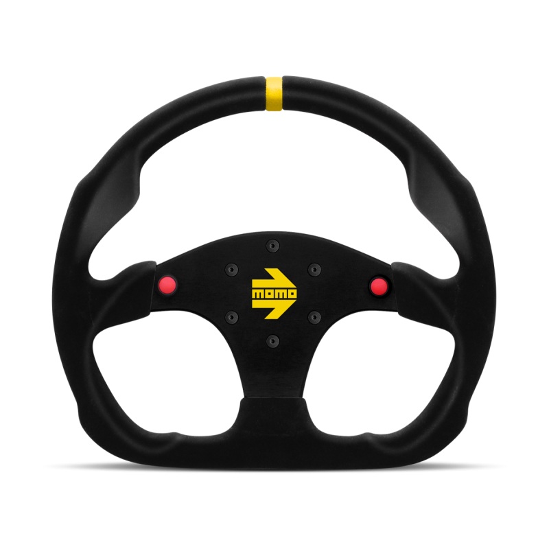 MOMO Race Mod .30 Steering Wheel w/ Buttons - 320MM - Black Suede / Brushed Black Anodized / Yellow Stripe