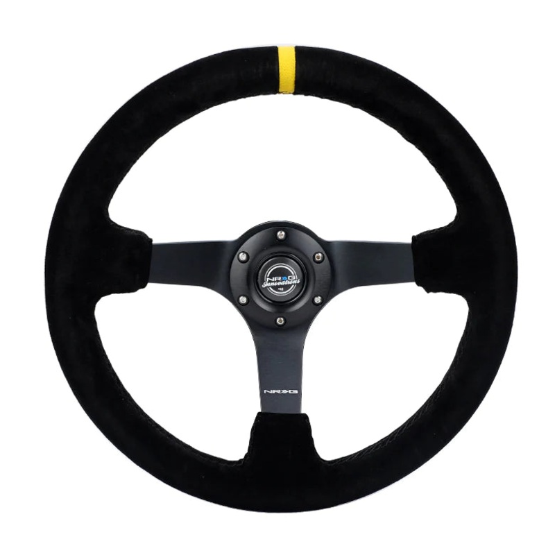 NRG INNOVATIONS 350MM DEEP DISH STEERING WHEEL SUEDE SOLID SPOKE - BLACK - YELLOW MARK