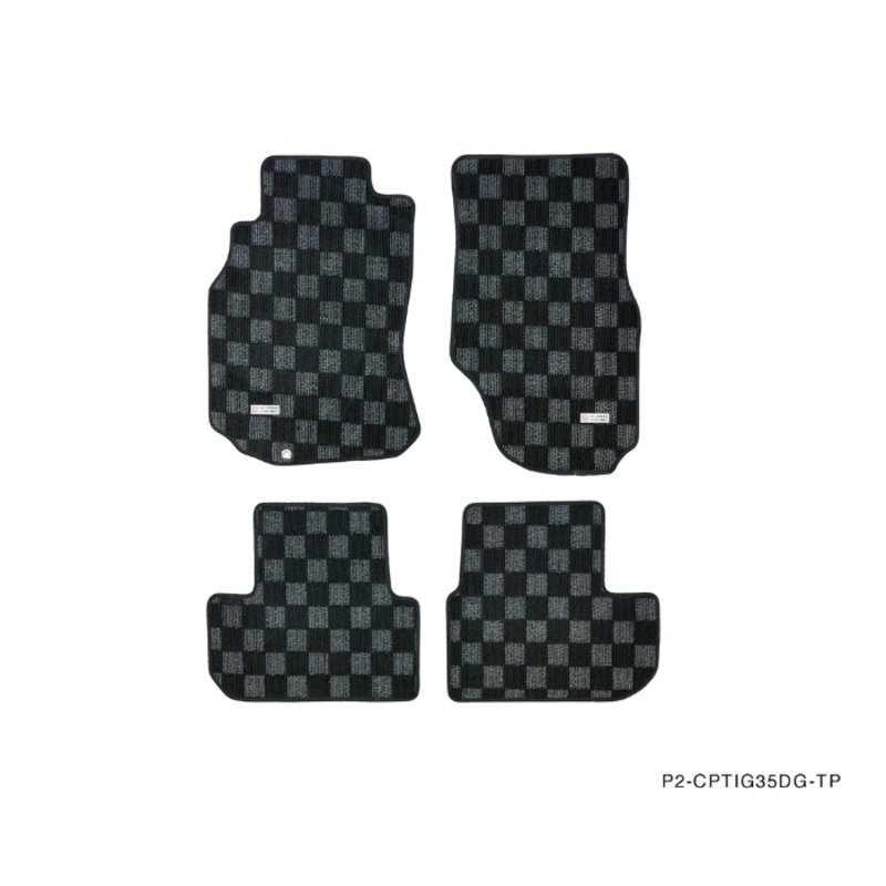 Phase 2 Motortrend (P2M) Front & Rear Checkered Race Carpet Floor Mats (Dark Grey) - Infiniti G35 Coupe / Sedan (2003-2007)