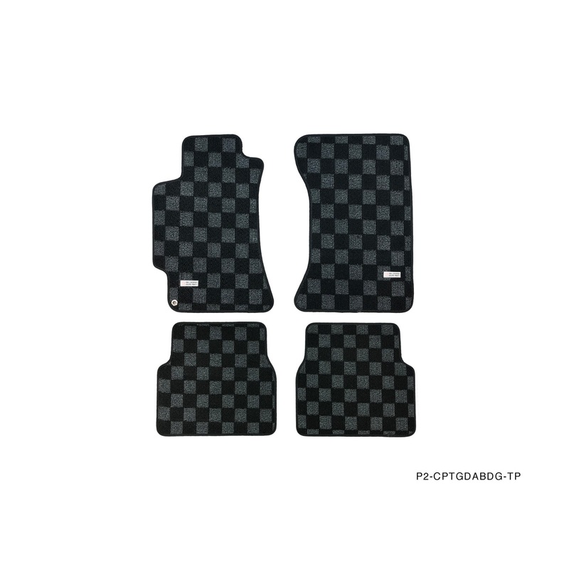 Phase 2 Motortrend (P2M) Front & Rear Checkered Race Carpet Floor Mats (Dark Grey) - Subaru WRX & STI (2002-2007) GDA GDB