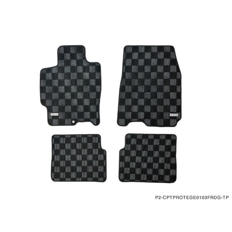 Phase 2 Motortrend (P2M) Front & Rear Checkered Race Carpet Floor Mats - Mazda Protege BJ (2001-2003)