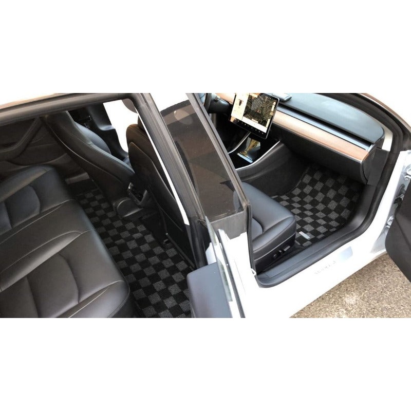 Phase 2 Motortrend (P2M) Checkered Flag Dark Grey Race 3pc Carpet Floor Mats - Tesla Model 3 (2017+)