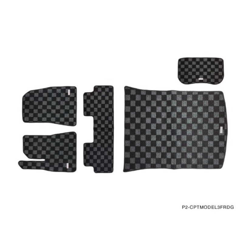 Phase 2 Motortrend (P2M) Checkered Flag Dark Grey Race 5pc Carpet Floor Mats - Tesla Model 3 (2017+)