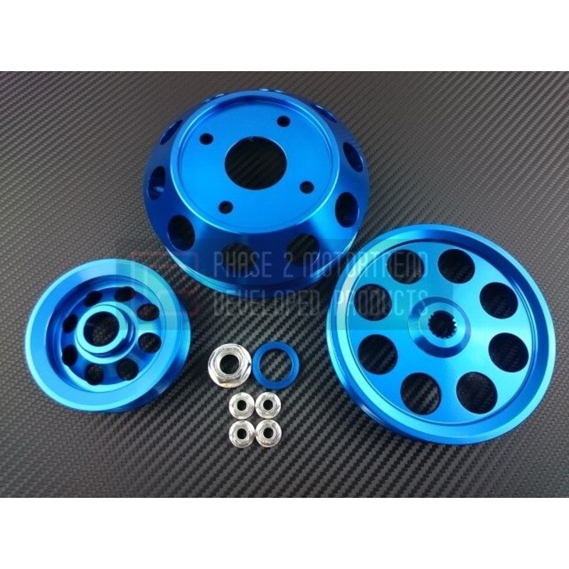Phase 2 Motortrend (P2M) Aluminum 3 PC Lightweight Pulley Kit BLUE - Nissan 240sx S13 SR20DET (1989-1994)