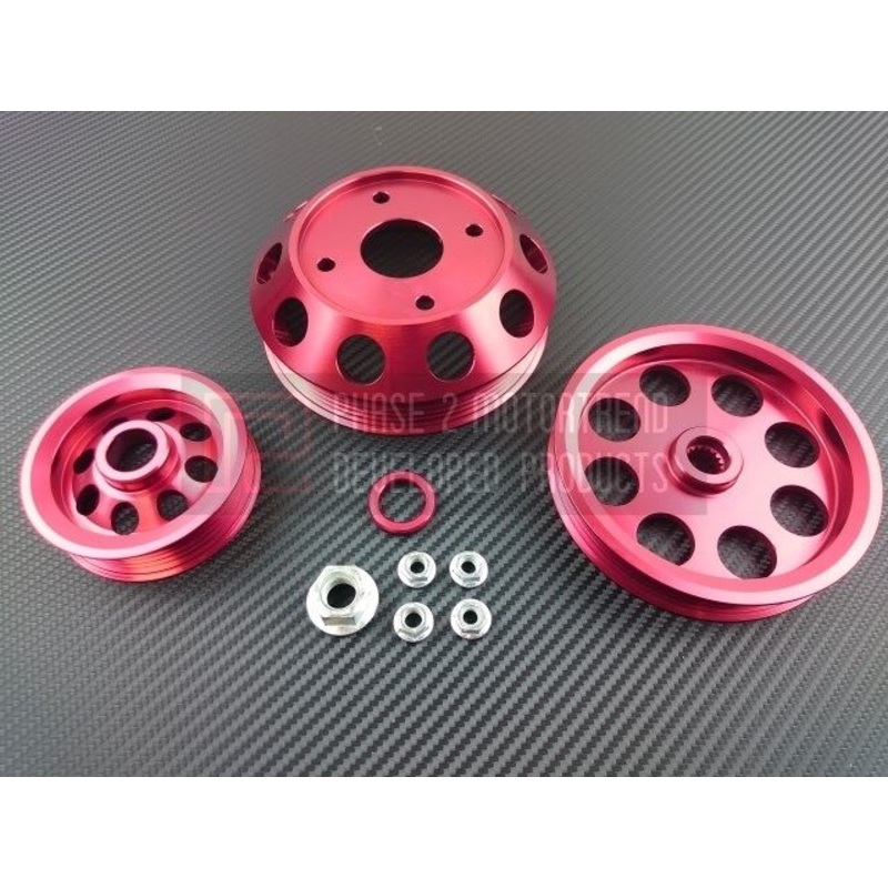 Phase 2 Motortrend (P2M) Aluminum 3 PC Lightweight Pulley Kit RED - Nissan 240sx S13 SR20DET (1989-1994)