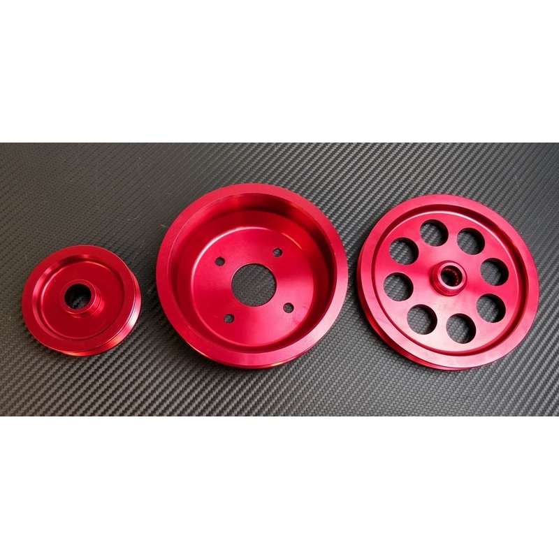 Phase 2 Motortrend (P2M) Aluminum 3 PC Lightweight RED Pulley Kit - Nissan 240sx KA24E Single Cam (1989-1994)