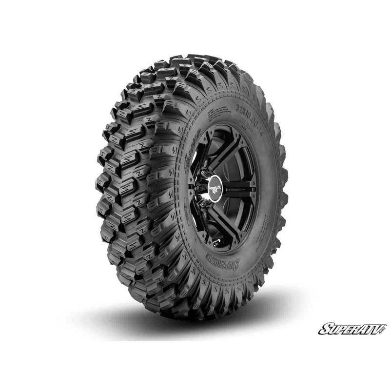 SuperATV Standard XT Warrior Tires 28x10x14 on 14x7 Bandit H-Series Black Wheels 4/156 Pattern