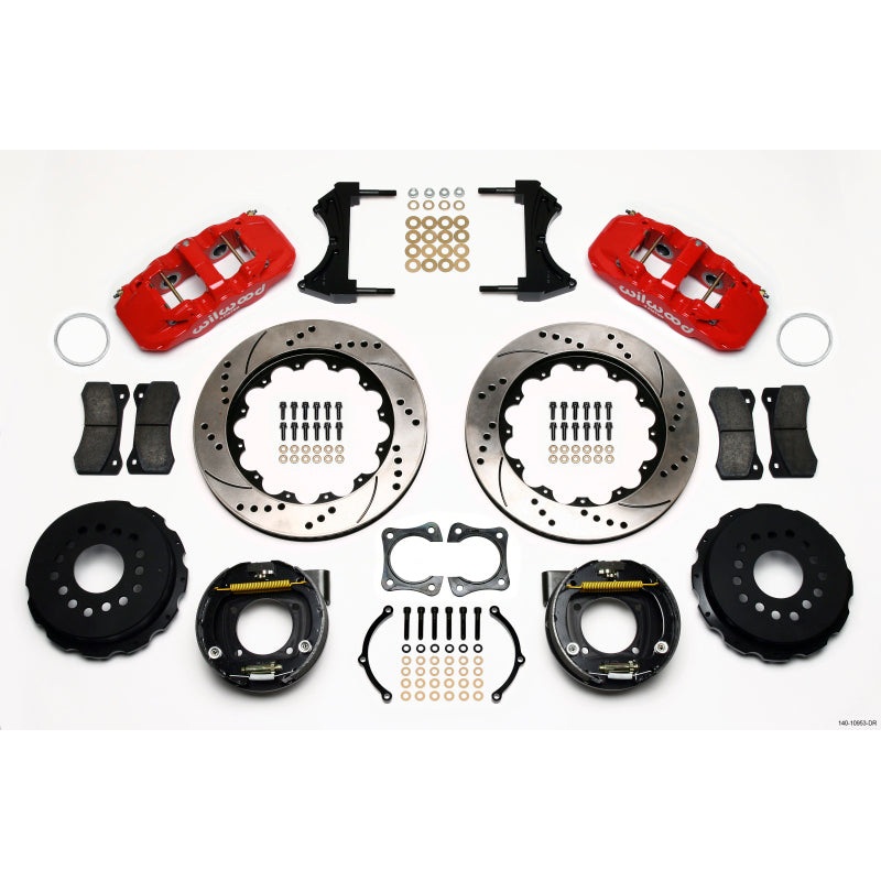 Wilwood AERO4 Rear P-Brake Kit 14.00in Drill Red 58-64 Olds/Pontiac Ends 2.81in Offset