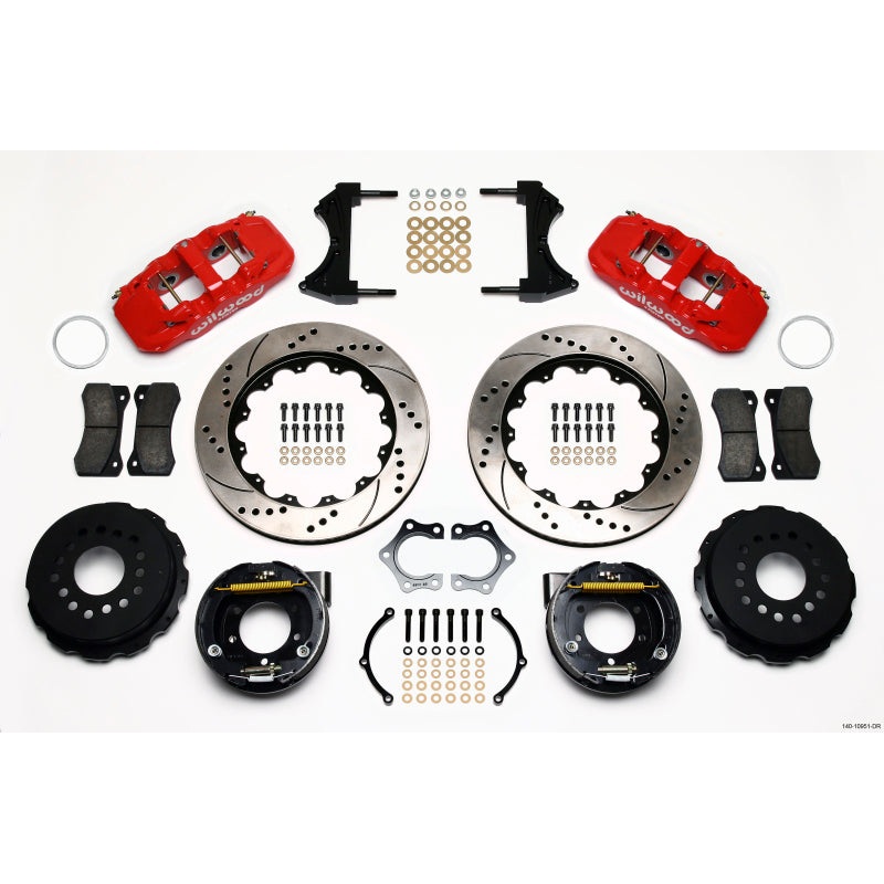 Wilwood AERO4 Rear P-Brake Kit 14.00in Drill Red Mopar/Dana 2.36in Off w/Snap Ring Brng
