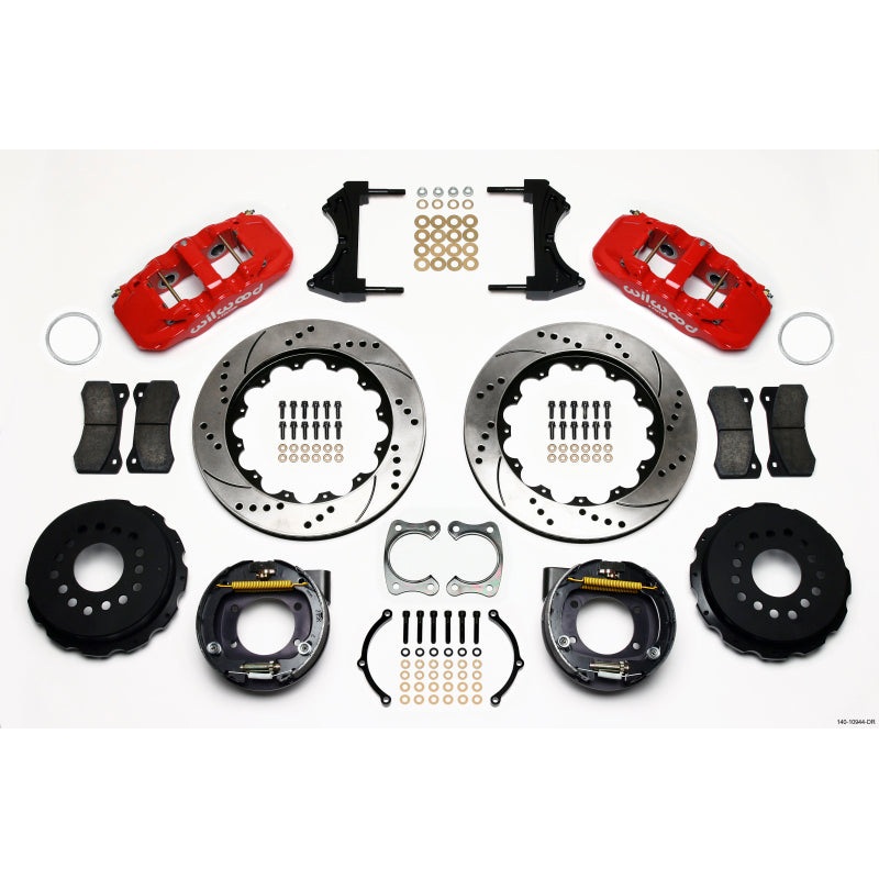 Wilwood AERO4 Rear P-Brake Kit 14.00in Drilled Red Big Ford New Style 2.36in Offset