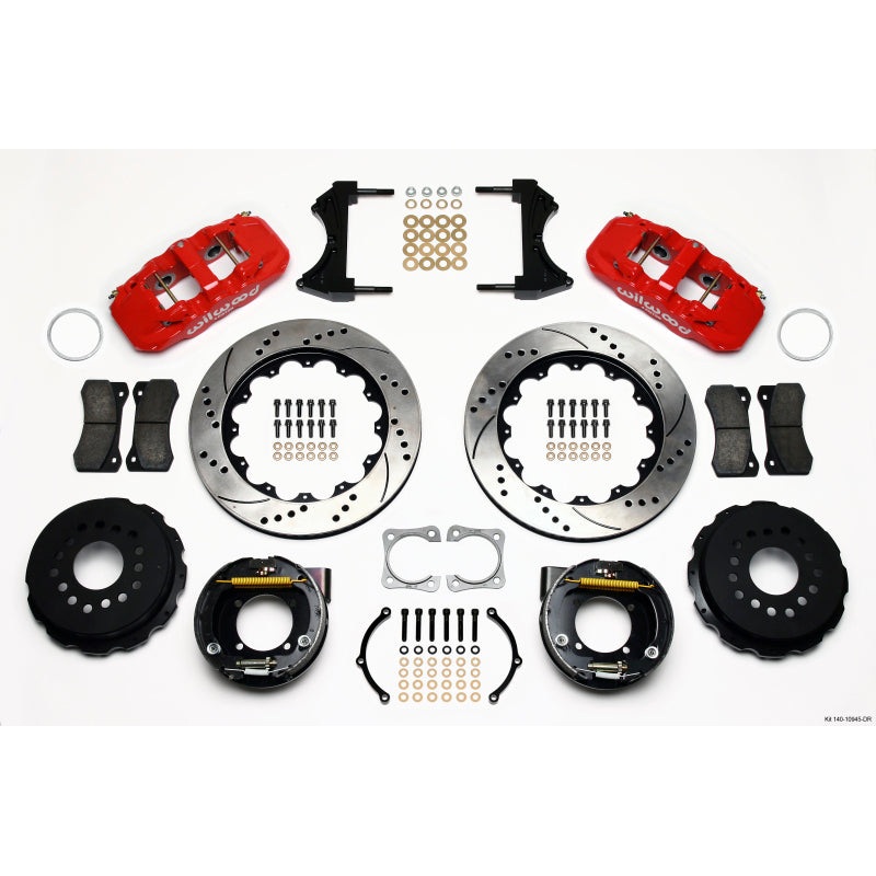 Wilwood AERO4 Rear P-Brake Kit 14.00in Drilled Red Chevy 12 Bolt-Spec 3.15in Brng