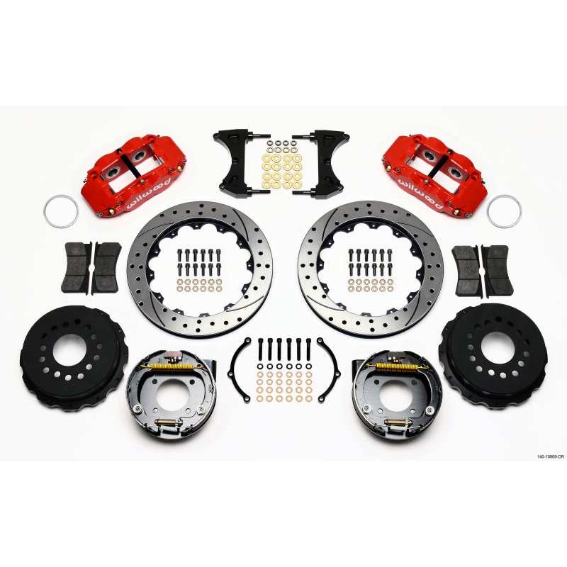 Wilwood Narrow Superlite 4R Rear P-Brk Kit 12.88in Drilled Red Chevy 12 Bolt-Spec 3.15in Brng Front