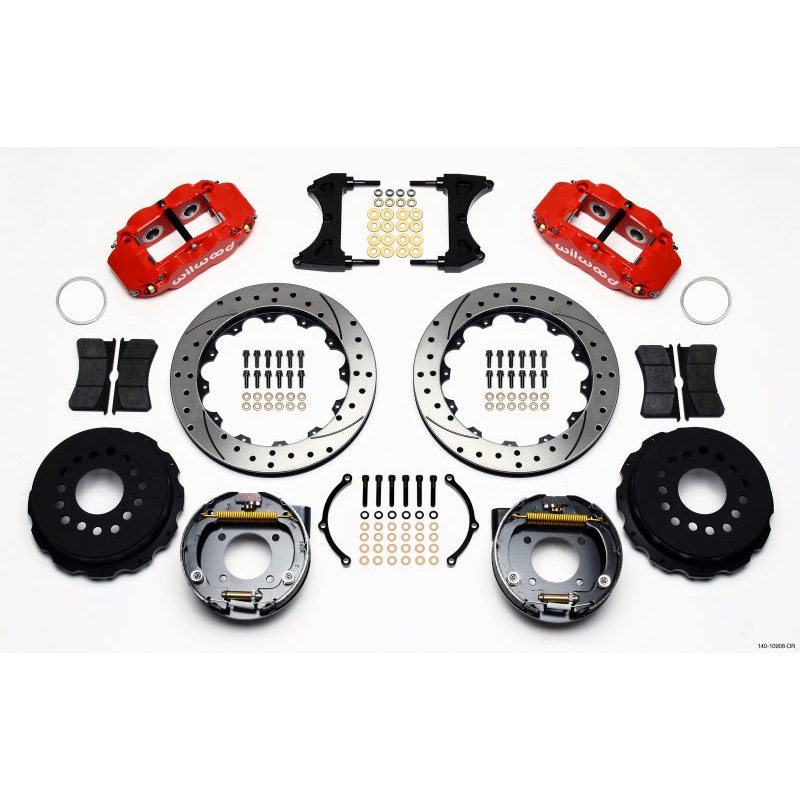 Wilwood Narrow Superlite 4R Rear P-Brk Kit 12.88in Drilled Red Chevy 12 Bolt w/ C-Clips Stggrd mt