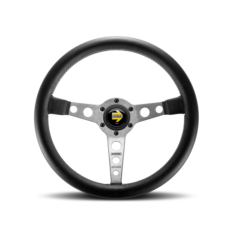 Momo Prototipo Steering Wheel 350 mm - Black Leather/Wht Stitch/Brshd Spokes