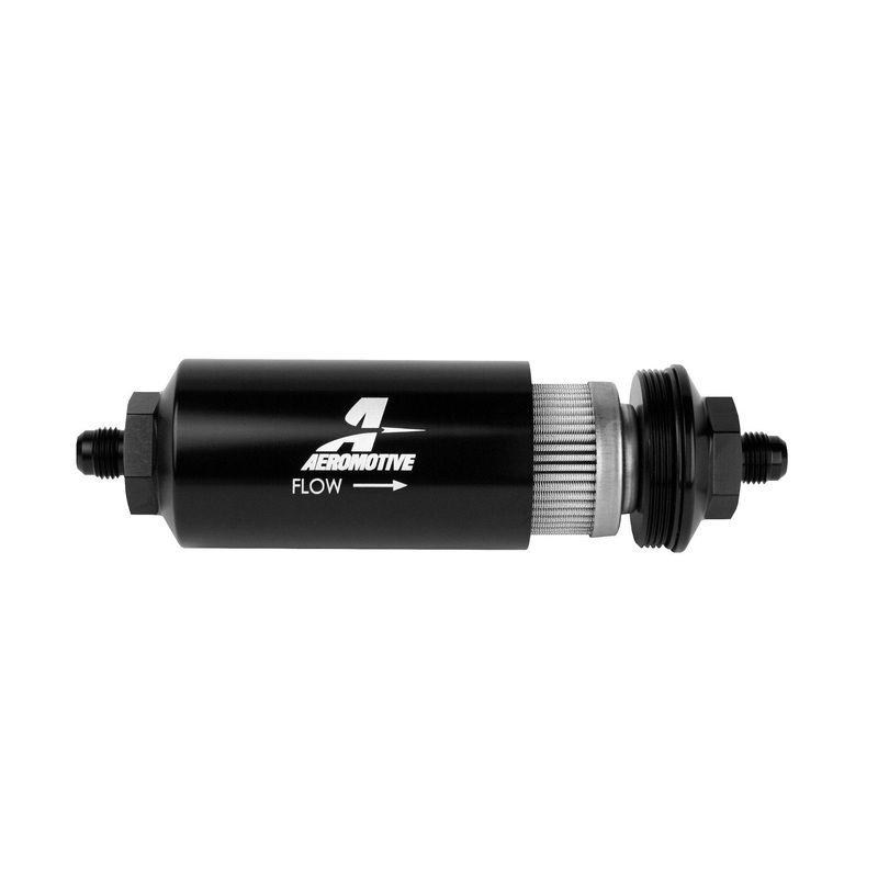 Aeromotive Filter, In-Line, 100-m Stainless Mesh Element, AN-06 Male, Bright-Dip Black, 2" OD