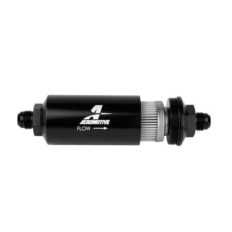 Aeromotive Filter, In-Line, 100-m Stainless Mesh Element, AN-08 Male, Bright-Dip Black, 2" OD