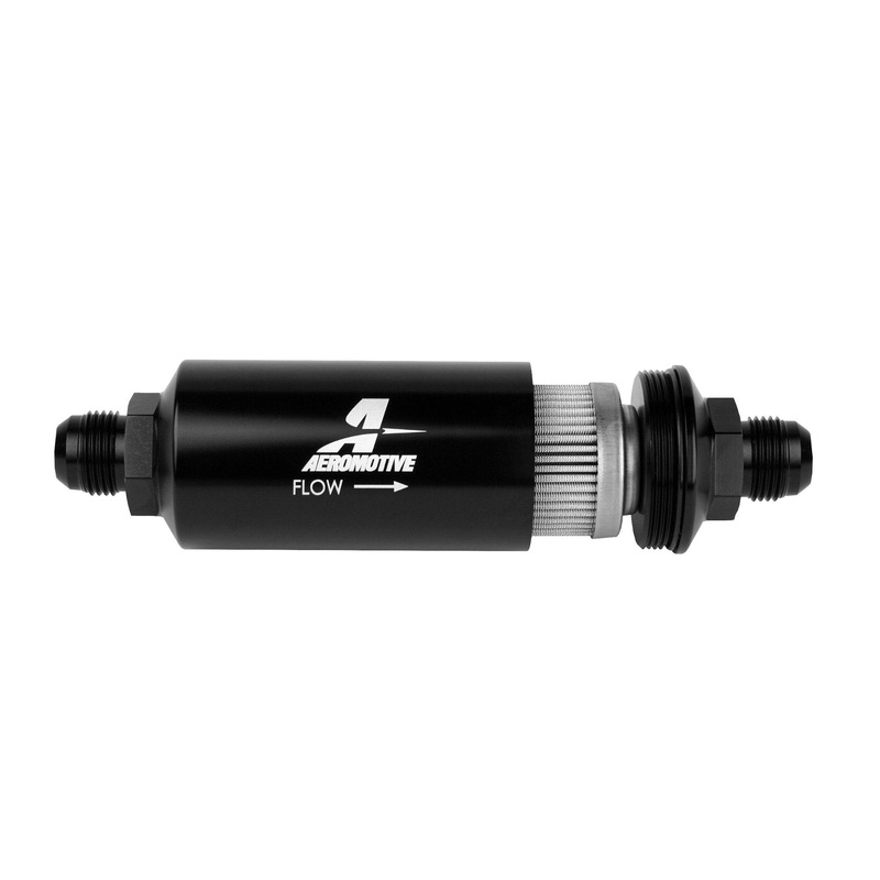Aeromotive Filter, In-Line, 100-m Stainless Mesh Element, AN-10 Male, Bright-Dip Black, 2" OD