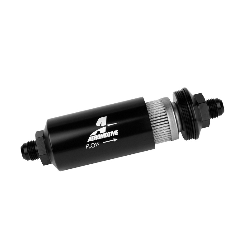 Aeromotive Filter, In-Line, 40-m Stainless Mesh Element, AN-08 Male, Bright-Dip Black, 2" OD