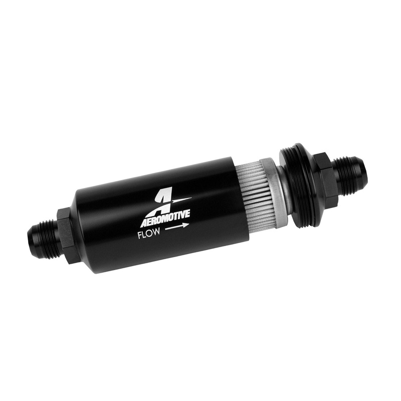 Aeromotive Filter, In-Line, 40-m Stainless Mesh Element, AN-10 Male, Bright-Dip Black, 2" OD