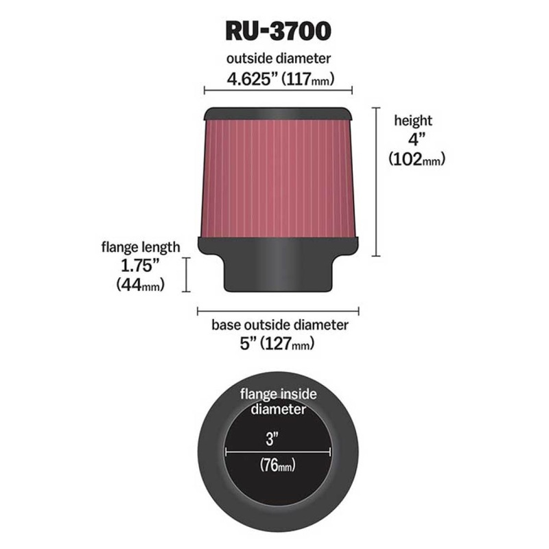 K&N Univeral Rubber Filter Round Tapered 4.625in Top OD x 5in Base OD x 4in H